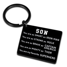 Load image into Gallery viewer, Birthday Fathers Day Gifts for Teen Adult Son from Mom Dad Inspirational Superhero Keychain Graduation for Men Boys Son in Law Christmas Valentines Day Gift for Him Back to School Present Key Chain