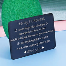 Load image into Gallery viewer, Wallet Insert Valentines Day Card Gift for Husband Men from Wife Women Christmas Birthday Present Hubby Wifey Never Forget I Love You Wedding Anniversary Gift New Year Thanksgiving Fathers Day Him
