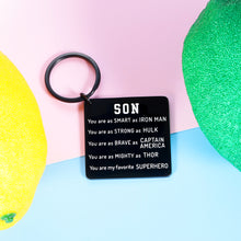 Load image into Gallery viewer, Birthday Fathers Day Gifts for Teen Adult Son from Mom Dad Inspirational Superhero Keychain Graduation for Men Boys Son in Law Christmas Valentines Day Gift for Him Back to School Present Key Chain