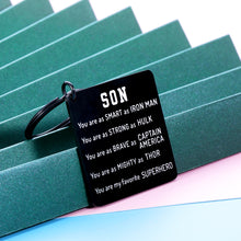 Load image into Gallery viewer, Birthday Fathers Day Gifts for Teen Adult Son from Mom Dad Inspirational Superhero Keychain Graduation for Men Boys Son in Law Christmas Valentines Day Gift for Him Back to School Present Key Chain