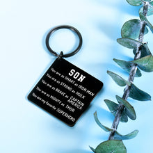 Load image into Gallery viewer, Birthday Fathers Day Gifts for Teen Adult Son from Mom Dad Inspirational Superhero Keychain Graduation for Men Boys Son in Law Christmas Valentines Day Gift for Him Back to School Present Key Chain