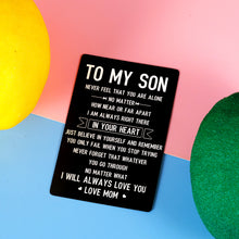 Load image into Gallery viewer, To My Son Wallet Card for Men Teen Boys Stocking Stuffers Sweet 16 18 21 Birthday Valentine Gifts for Him Male Adult Son Stepson from Mom Inspirational Christmas Graduation First Time Fathers Day Gift