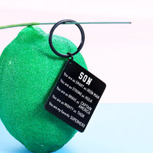 Load image into Gallery viewer, Birthday Fathers Day Gifts for Teen Adult Son from Mom Dad Inspirational Superhero Keychain Graduation for Men Boys Son in Law Christmas Valentines Day Gift for Him Back to School Present Key Chain