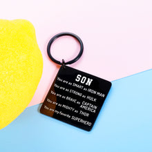 Load image into Gallery viewer, Birthday Fathers Day Gifts for Teen Adult Son from Mom Dad Inspirational Superhero Keychain Graduation for Men Boys Son in Law Christmas Valentines Day Gift for Him Back to School Present Key Chain