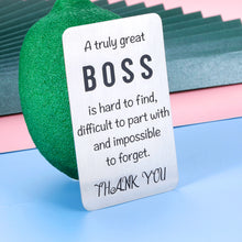 Load image into Gallery viewer, Boss Day Christmas Gift Wallet Insert for Men Women Office Thank You Card Gift for Boss Lady Leader Manager PM Mentor Supervisor Birthday Retirement Leaving Going Away Appreciation Present Female Male
