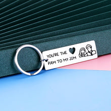Load image into Gallery viewer, Jim and Pam Keychain The Office Couple Gifts for Boyfriend Wife from Girlfriend Husband TV Show Merchandise Keyring Set of 2 for Fans Him Her You’re The Jim to My Pam Gift Wedding Anniversary Present
