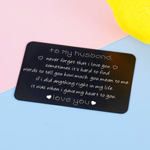 Load image into Gallery viewer, Wallet Insert Valentines Day Card Gift for Husband Men from Wife Women Christmas Birthday Present Hubby Wifey Never Forget I Love You Wedding Anniversary Gift New Year Thanksgiving Fathers Day Him
