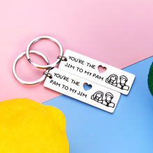 Load image into Gallery viewer, Jim and Pam Keychain The Office Couple Gifts for Boyfriend Wife from Girlfriend Husband TV Show Merchandise Keyring Set of 2 for Fans Him Her You’re The Jim to My Pam Gift Wedding Anniversary Present
