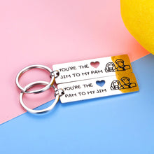 Load image into Gallery viewer, Jim and Pam Keychain The Office Couple Gifts for Boyfriend Wife from Girlfriend Husband TV Show Merchandise Keyring Set of 2 for Fans Him Her You’re The Jim to My Pam Gift Wedding Anniversary Present
