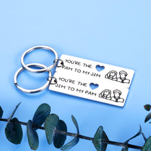 Load image into Gallery viewer, Jim and Pam Keychain The Office Couple Gifts for Boyfriend Wife from Girlfriend Husband TV Show Merchandise Keyring Set of 2 for Fans Him Her You’re The Jim to My Pam Gift Wedding Anniversary Present
