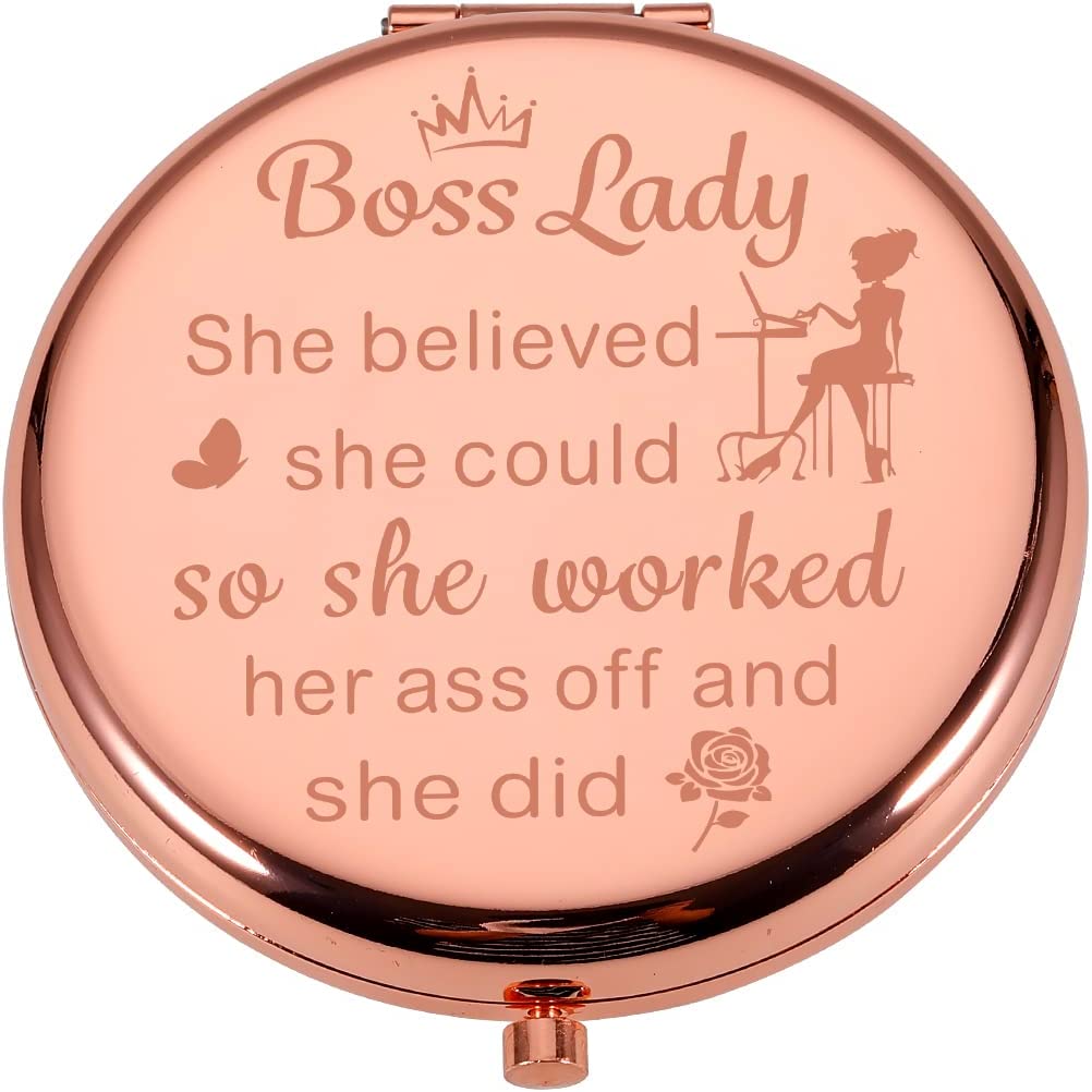 Boss Lady Gifts Compact Mirror for Women Boss Day Thank You Female Boss Leader Manager PM Coworker Christmas Rose Gold Travel Makeup Mirror for Her Retirement Leaving Going Away Inspirational Gift